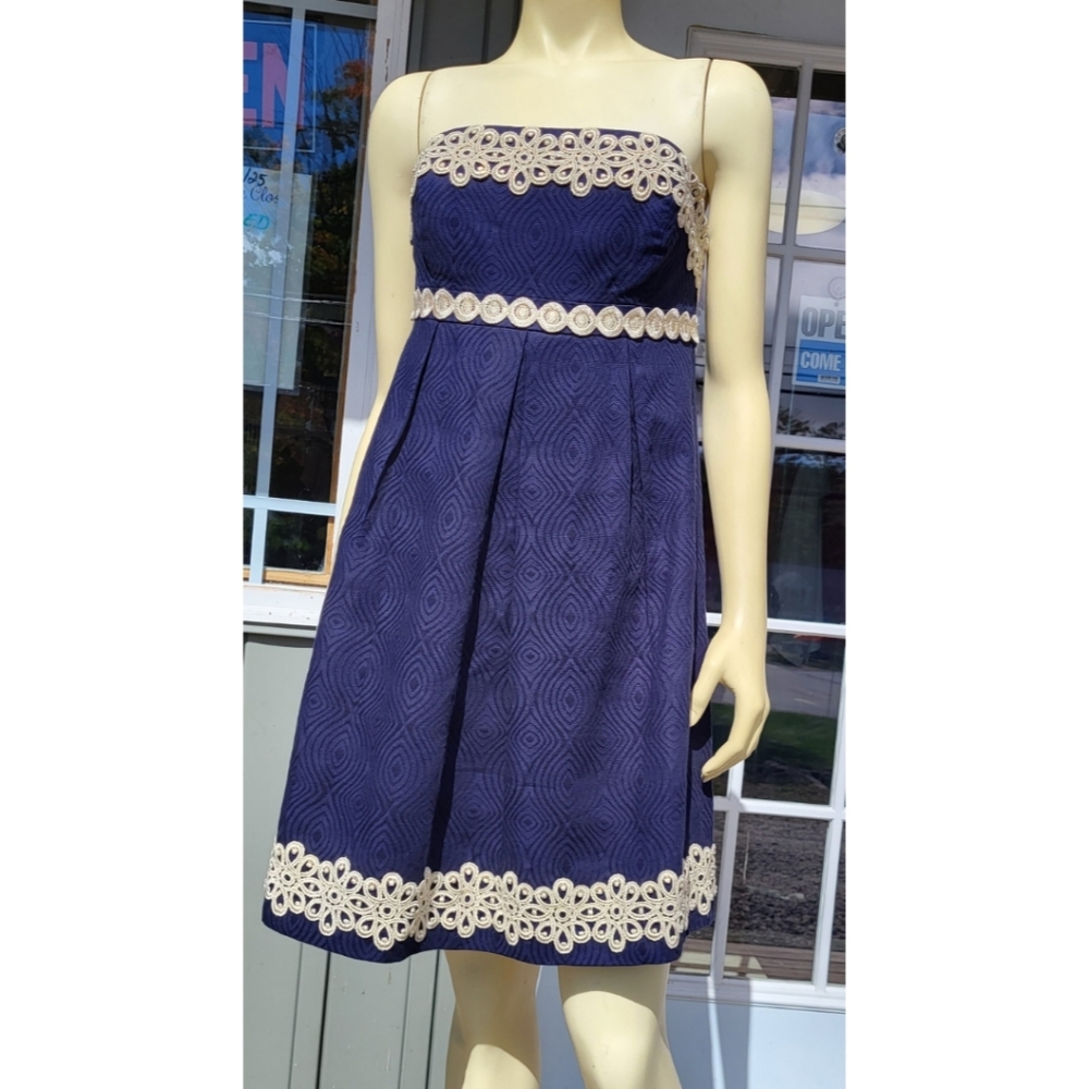 Lilly Pulitzer Betsey Navy Blue Floral Lace Applique Strapless Pleated, 4 ✔️